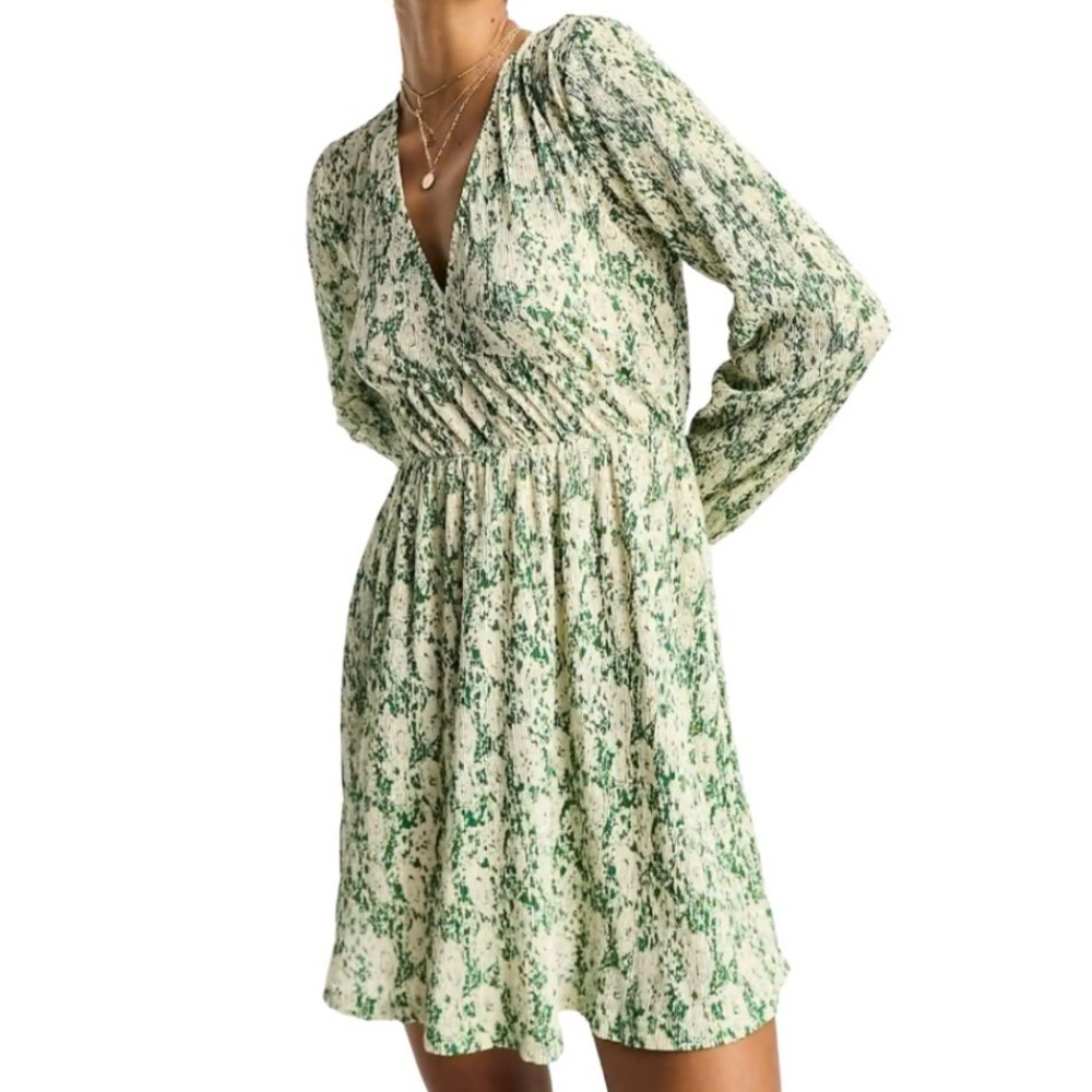 Mango MNG Green‎ White Abstract Floral Plisse V-Neck Long Sleeve Mini Dress M